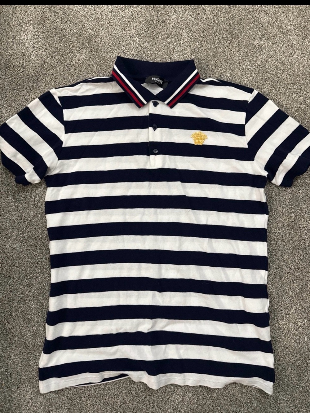 Versace Navy & White Striped Polo with Gold Medusa Emblem
